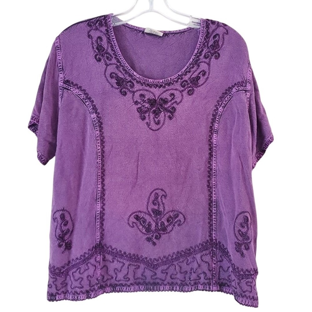 Devi Purple Embroidered Rayon Blouse Short Sleeve Boho Top Womens Large India